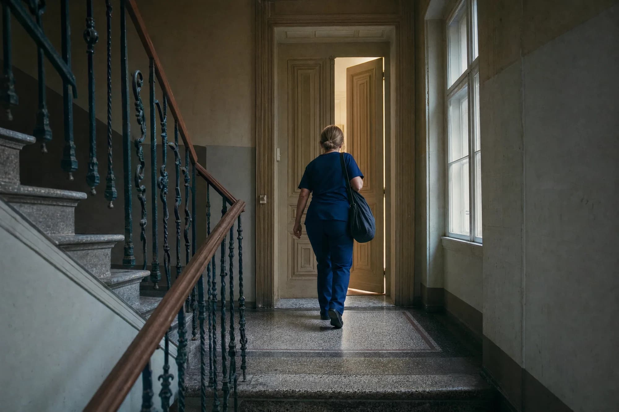Eine Pflegekraft von MDM Care steht mit ihrer Tasche im Stiegenhaus eines Wiener Altbaus vor einer halb geöffneten Wohnungstür.