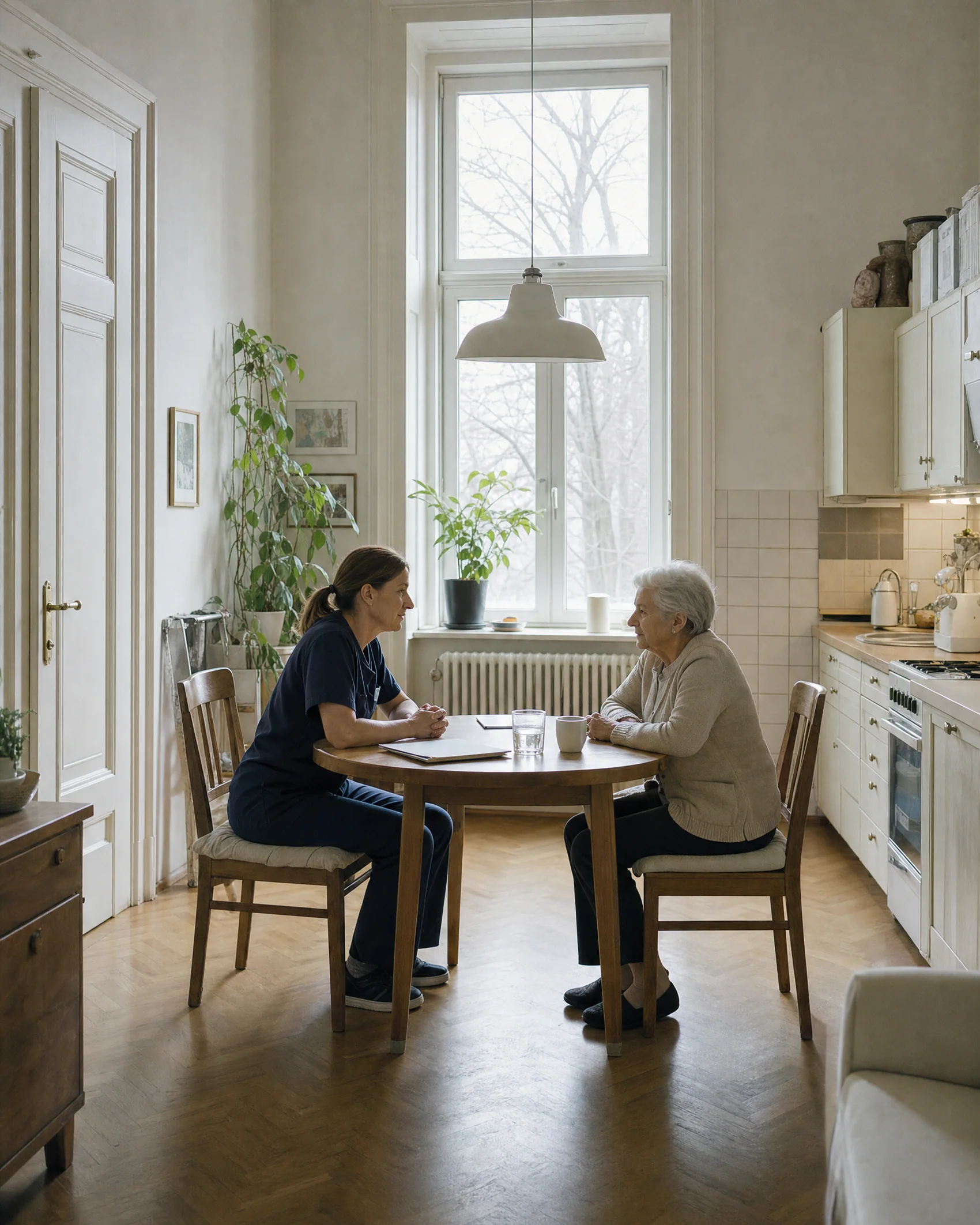 Eine diplomierte Pflegekraft von MDM Care sitzt mit einer älteren Klientin am Küchentisch einer Wiener Altbauwohnung und bespricht den Pflegeplan.